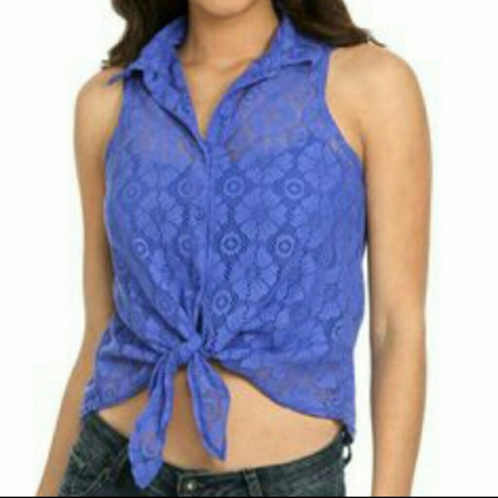 Blue crochet sleeveless lace tie-up button down collared crop top Sz S